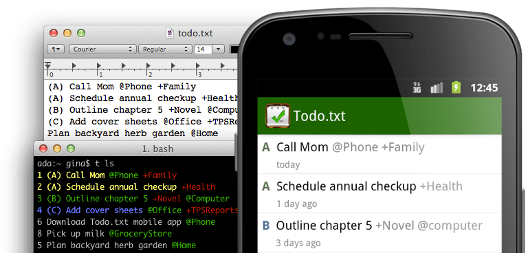 todo.txt with some different apps showing the same todo list